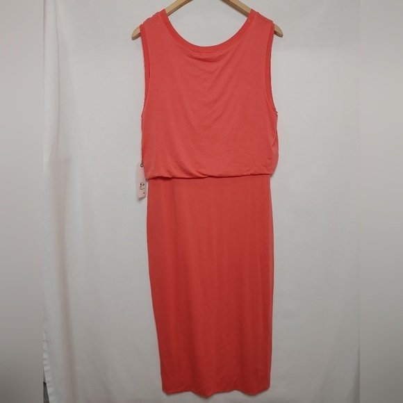 Leith Sharon Dress Sleeveless Blouson Knit Coral Salmon Stretch Midi Large New - Picture 3 of 8